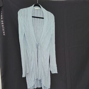 Light Pastel Blue Open-Knit Tie-Front Women's Cardigan Sweater
